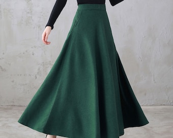 Groene wol maxi rok dames, een lijn lange wollen rok, retro swing volledige rok, volledige lengte herfst winter rok, hoge taille uitlopende rok 3121