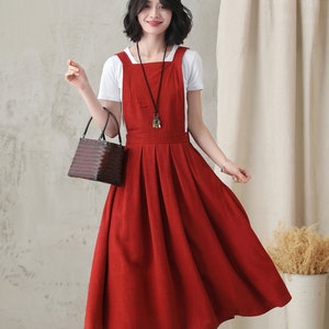 Woman Red Linen Midi Pinafore Dress, Linen Apron Dress, Linen Dress, Natural Washed Slub Smock with Pockets, Pleated Linen Dress 2823#