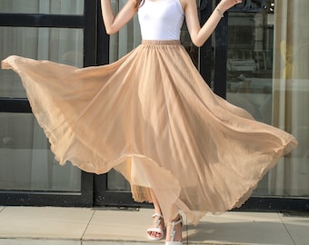 New Elastic Waist Bohemia Boho Beach Chiffon Skirt for Women, Khaki Big Swing Pleated Circle Skirt, Long Skirt Dance Maxi Skirt 2916#