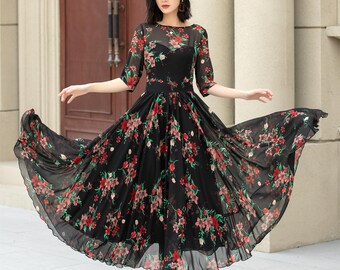 Robe noire en mousseline de soie à fleurs, robe longue trapèze, robe ajustée et évasée, robe de soirée d'été pour femmes, robe de demoiselle d'honneur, robe sur mesure, Xiaolizi 5112