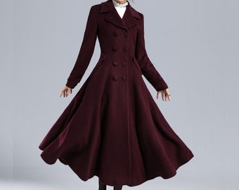 Burgundy wool coat, 1950s Long Wool Princess Coat, Wool Trench Coat Women, Wool Swing Coat, Winter Outwear, Custom Coat, Xiaolizi 3239#