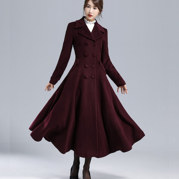 Burgundy wool coat, 1950s Long Wool Princess Coat, Wool Trench Coat Women, Wool Swing Coat, Winter Outwear, Custom Coat, Xiaolizi 3239#