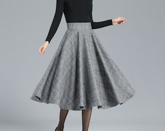 High Waist Plaid Wool Midi Skirt, Full Circle Flared A-Line, Xiaolizi 3245