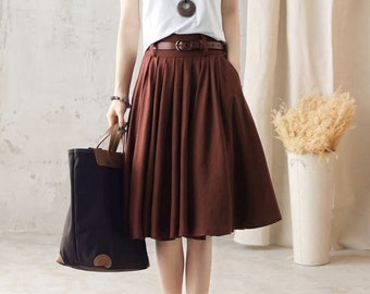 Women Pleated Circle Knee Length Linen Skirt, Swing Midi Skirt, A Line Flare skirt, Brown skirt, Vintage Summer skirt, Custom Skirt 2589#