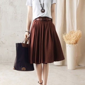 Women Pleated Circle Knee Length Linen Skirt, Swing Midi Skirt, A Line Flare skirt, Brown skirt, Vintage Summer skirt, Custom Skirt 2589 2-brown