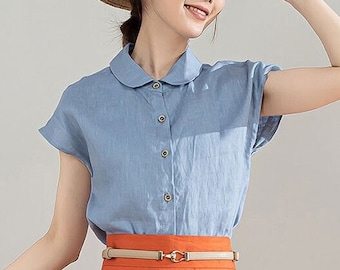 Short Sleeve Button Down Shirt, Womens Summer Linen Shirt, Retro Comfy Linen Shirt, Loose Shirt, Casual Handmade Tops, Xiaolizi 4211#