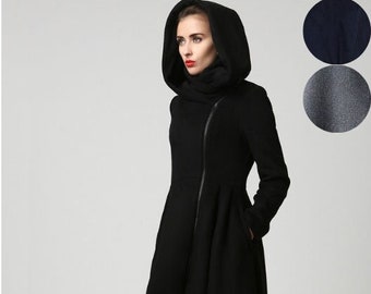 Black Winter Hooded Wool Coat Women, Asymmetrical Midi Wool Coat, Full Skirt Coat, Hooded Swing Coat, Autumn Winter Outwear, Xiaolizi K1121