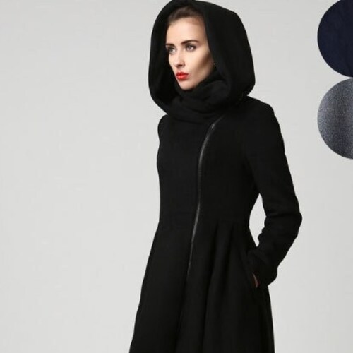 Asymmetrical Gothic Winter Coat Women Black Wool Pixie Coat | Etsy