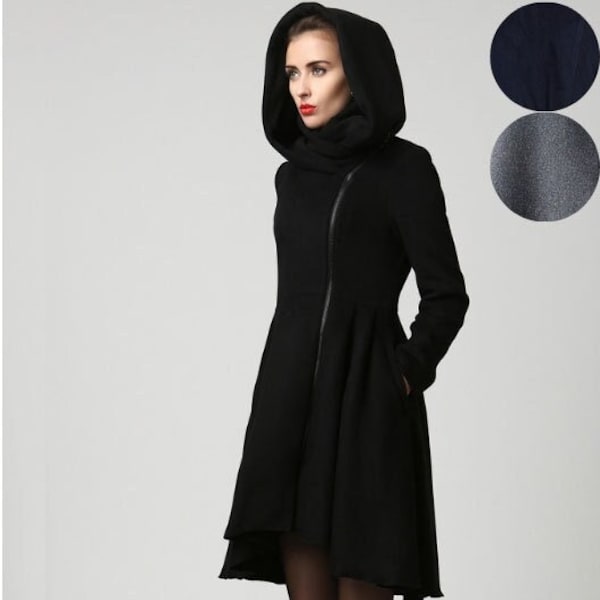 Black Winter Hooded Wool Coat Women, Asymmetrical Midi Wool Coat, Full Skirt Coat, Hooded Swing Coat, Autumn Winter Outwear, Xiaolizi K1121