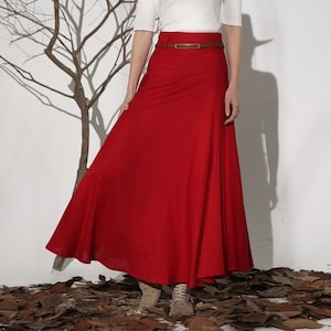 Maxi Linen skirt with belt, red vintage skirt, womens skirt, high waisted skirt, summer skirt, swing skirt, fitted skirt, A line skirt 1154#