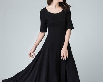 Black linen dress, linen dress, A line dress, maxi dress, womens dresses, linen summer dress, fit and flare dress, long linen dress 1467#