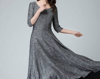 Vestido de lino alto bajo, vestido maxi, vestido gris, vestido de verano, vestidos de mujer, vestido casual, vestido de vacaciones, vestido hecho a mano, Xiaolizi 1451 #