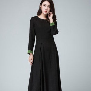 Long Sleeve Maxi dress in Black, Linen dress, Women's dress, Prom dress for women, full length dress, Contract Cuff Long party dress 1450 image 2