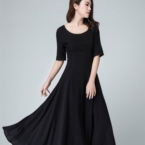 Black linen dress, linen dress, A line dress, maxi dress, womens dresses, linen summer dress, fit and flare dress, long linen dress 1467#