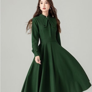 Vintage Inspired Winter Wool Dress Women, Mandarin Collar Vintage Inspired Winter Wool Dress Women, Mandarin Collar