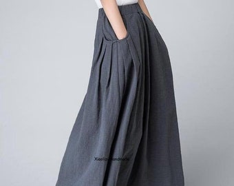 Linen skirt, Long Linen Maxi Skirt with Pockets, Plus size Pleated Linen skirt, grey skirt, womens skirt, custom skirt, autumn skirt 1498#