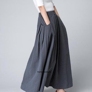 Linen skirt, Long Linen Maxi Skirt with Pockets, Plus size Pleated Linen skirt, grey skirt, womens skirt, custom skirt, autumn skirt 1498#