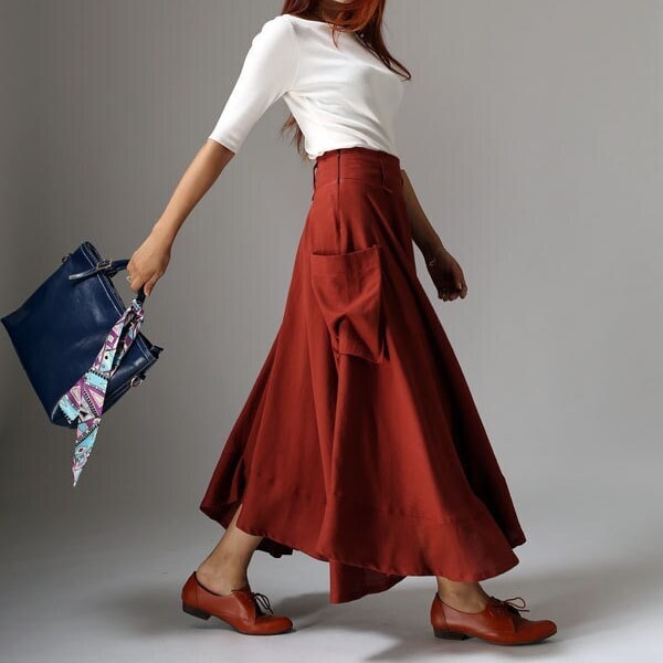 Rust Linen skirt, Asymmetrical skirt, long linen skirt, Lagenlook Linen skirt, Linen skirt women, women skirt with pockets, XiaoLizi 1044#