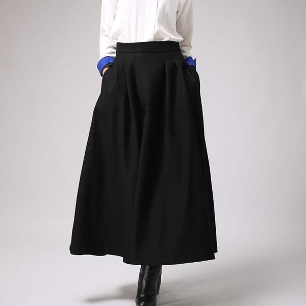 Black wool skirt, maxi skirt, winter skirt, pleated skirt, ladies skirts, high waisted skirt, long skirt, Custom made skirt 0722#