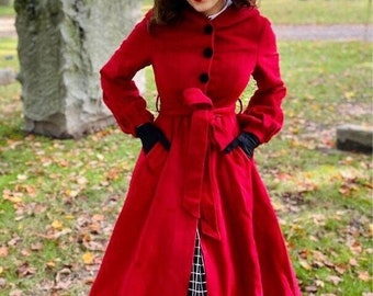 Red hooded maxi wool coat, Long wool coat with pockets, Lantern sleeve wool coat, Single breasted Winter Warm coat women, Xiaolizi 3225#