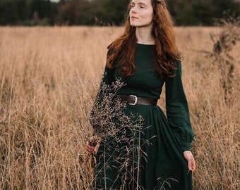 Vestido maxi medieval de manga larga de inspiración vintage para mujer, vestido de lino largo verde, vestido de lino modesto, vestido de otoño de primavera, Xiaolizi 1454