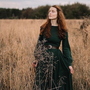 Women's Vintage Inspired Long Sleeve Medieval Maxi Dress, Green Long Linen Dress, Modest Linen dress, Spring Autumn Dress, Xiaolizi 1454