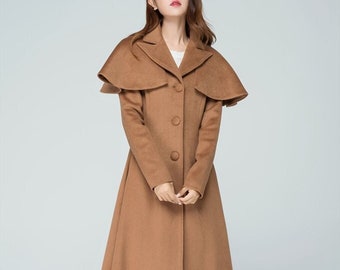 Wool coat, Long wool coat, Removable Capelet Coat, Vintage inspired Wool coat, Womens Wool Cape coat, stylish coat, Xiaolizi 1599#