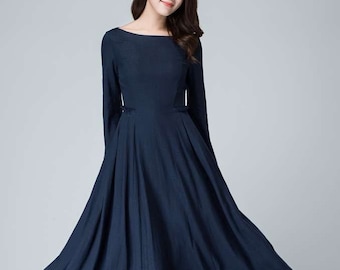 dark blue dress, linen dress, fall dress, prom dress, party dress, pleated dress, elegant dress, ruffle dress, long sleeves dress 1465#