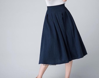 Jupe midi plissée taille haute trapèze, jupe trapèze vintage pour femme avec poches, jupe midi en lin, Xiaolizi 1500 #