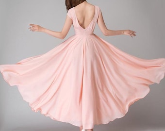 Peach bridesmaid dress, Open back Chiffon Maxi Wedding dress, Cap sleeve wedding dress, Chiffon dress long, Summer dress, prom dress 1526#