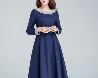 Winter wool dress vintage, long women dresses, warm winter dress, midi dress, party dress, modern dress, custom made dress, Blue dress 1611#