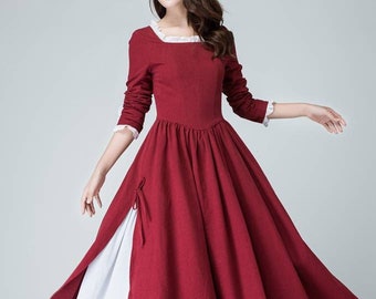 Victorian Vintage inspired prairie dress,  Burgundy dress, women's strap drop waist fit & flare party dress, Linen dress, Mod clothing 1473#