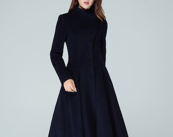 Long wool coat, wool coat, Asymmetrical wool coat, winter coat women, navy coat, women coat, fitted coat, designer coat, made to order 1605#