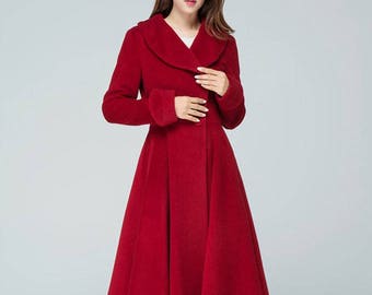 Red wool coat, Princess coat, winter coat, red coat, long wool coat, fitted coat, lapel coat, pleated coat, women coat, handmade coat 1601#