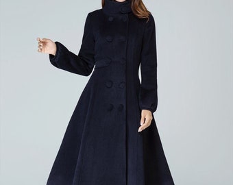 Navy blue coat, wool coat, warm winter coat, midi coat, womens coat, Fitted coat, double breasted coat, high collar, handmade coat 1600#