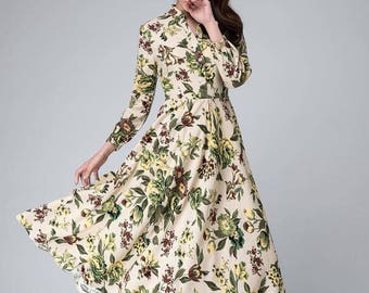 Garden party dress, flower dress, linen dress, floral midi dress, shirt dress, long sleeves dress, linen clothing, fit and flare dress 1490