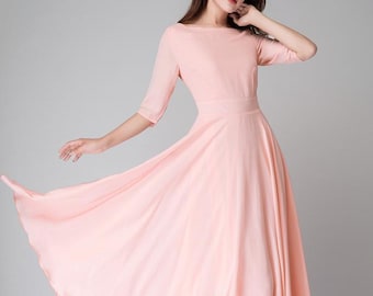 Chiffon dress for women, Long chiffon dress, Pink long dress, Bridesmaid dress, Summer dress with sleeves, fit and flare dress 1524#