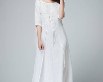 White linen dress, linen dress, linen wrap dress, womens dress, long linen dress, loose linen dress, linen summer dress 1485#