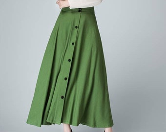 Bouton avant Cotton Linen Maxi jupe, Jupe en lin, Jupe complète A Line Green, jupe d’été, jupes femme, jupe balançoire, jupe taille plus 1484 #