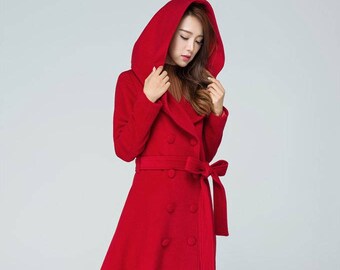 Red Long Wrap Wool Coat, Hooded Wool Coat, Long Trench Coat