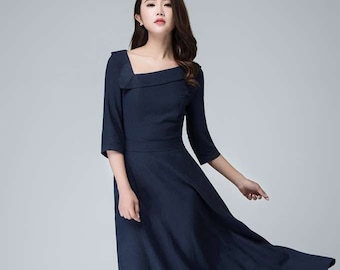 Fit and flare Maxi dress, Linen dress, Navy blue dress, Long linen dress, Linen dress women, Casual dress, Summer dress, Custom dress 1453#