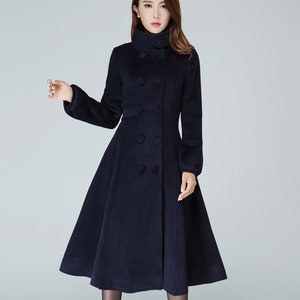 Navy blue coat, wool coat, warm winter coat, midi coat, womens coat, Fitted coat, double breasted coat, high collar, handmade coat 1600 dark blue-1600-17-3#