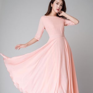 Chiffon dress for women, Long chiffon dress, Pink long dress, Bridesmaid dress, Summer dress with sleeves, fit and flare dress 1524#