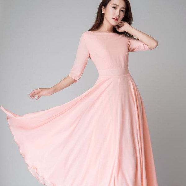 Chiffonkleid für Frauen, Langes Chiffonkleid, Rosa langes Kleid, Brautjungfernkleid, Sommerkleid mit Ärmeln, Fit und Flare Kleid 1524#