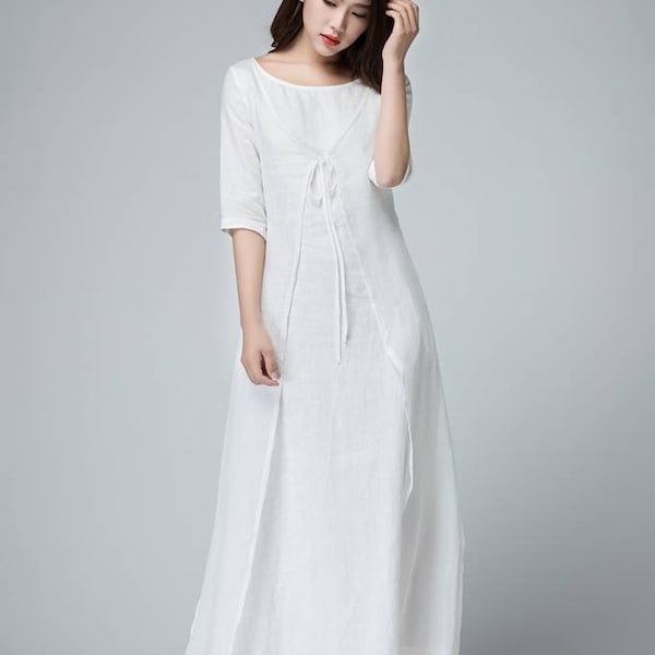 Vestido de lino blanco, vestido de lino, vestido cruzado de lino, vestido de mujer, vestido largo de lino, vestido suelto de lino, vestido de verano de lino 1485#