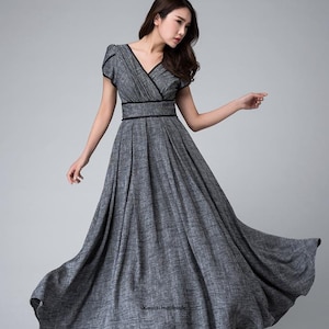 Retro Empire waist maxi dress, Linen dress, Bridesmaid dress, Floor length Gray dress, Custom made dress, prom dress long, Party dress 1492#