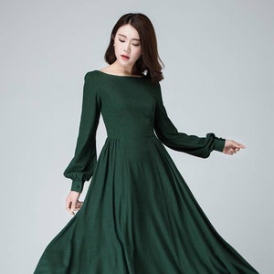 Women's Vintage Inspired Long Sleeve Medieval Maxi Dress, Green Long Linen Dress, Modest Linen dress, Spring Autumn Dress, Xiaolizi 1454 image 5