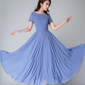 Blue Bridesmaid Dress with sleeves, Simple Beach wedding dress, Summer Long Women Chiffon dress, Bohemian Swing Chiffon maxi dress 1523#