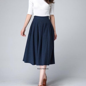 High Waist A Line pleated midi skirt, Women's swing vintage skirt with pockets, Linen midi skirt, Xiaolizi 1500 Blue-1500-21-4