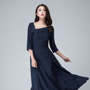 Fit and flare Maxi dress, Linen dress, Navy blue dress, Long linen dress, Linen dress women, Casual dress, Summer dress, Custom dress 1453#